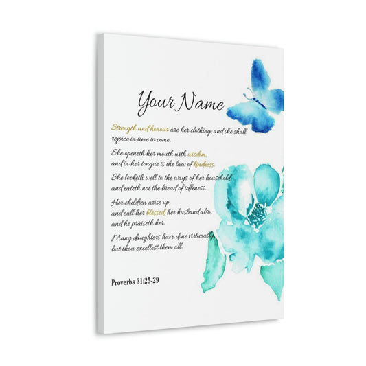 Scripture Walls Personalized She is Strong Proverbs 31:25-29 Bible Verse Canvas Christian Wall Art Ready to Hang Unframed-Express Your Love Gifts
