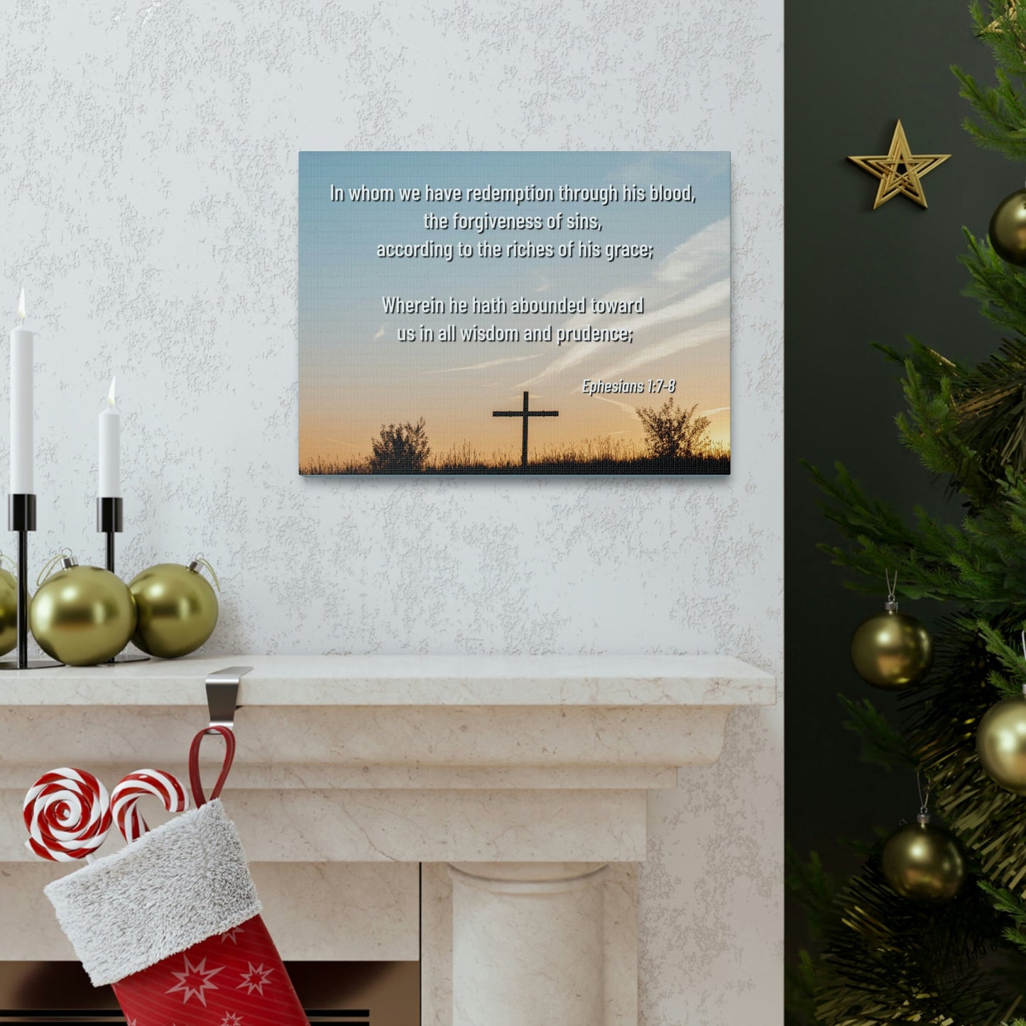 Scripture Walls Through His Blood Ephesians 1:7 Bible Verse Canvas Christian Wall Art Ready to Hang Unframed-Express Your Love Gifts