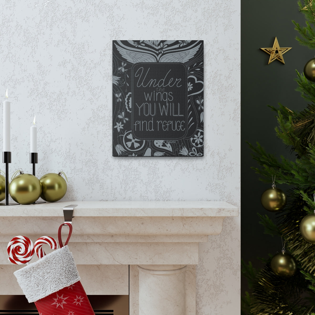 Scripture Walls You Will Find Refuge Psalm 91:4 Dark Bible Verse Canvas Christian Wall Art Ready to Hang Unframed-Express Your Love Gifts