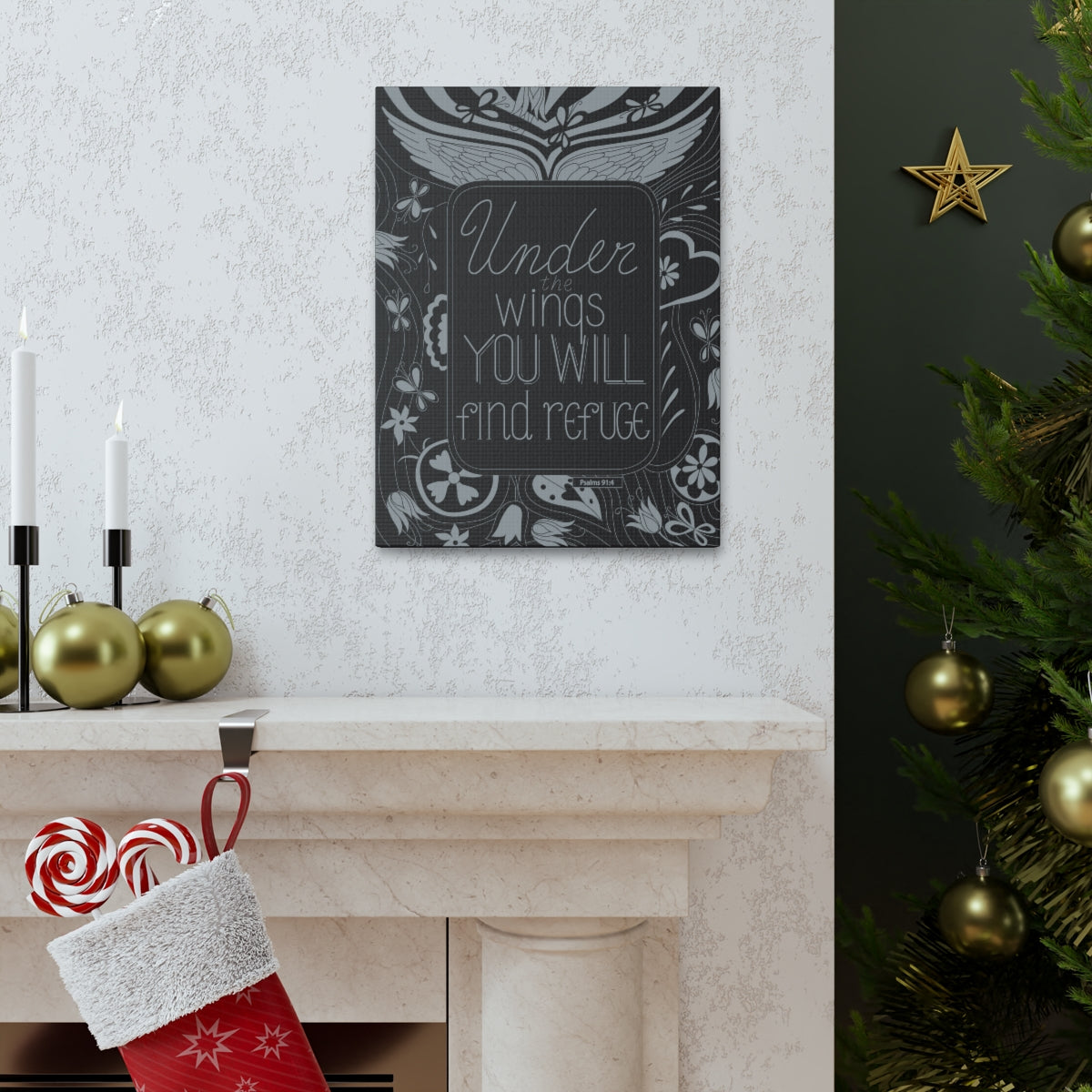 Scripture Walls You Will Find Refuge Psalm 91:4 Dark Bible Verse Canvas Christian Wall Art Ready to Hang Unframed-Express Your Love Gifts