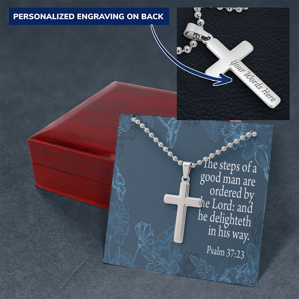 Steps Of A Good Man Psalm 37:23 Cross Necklace Message Card W Ball Chain Pendant-Express Your Love Gifts