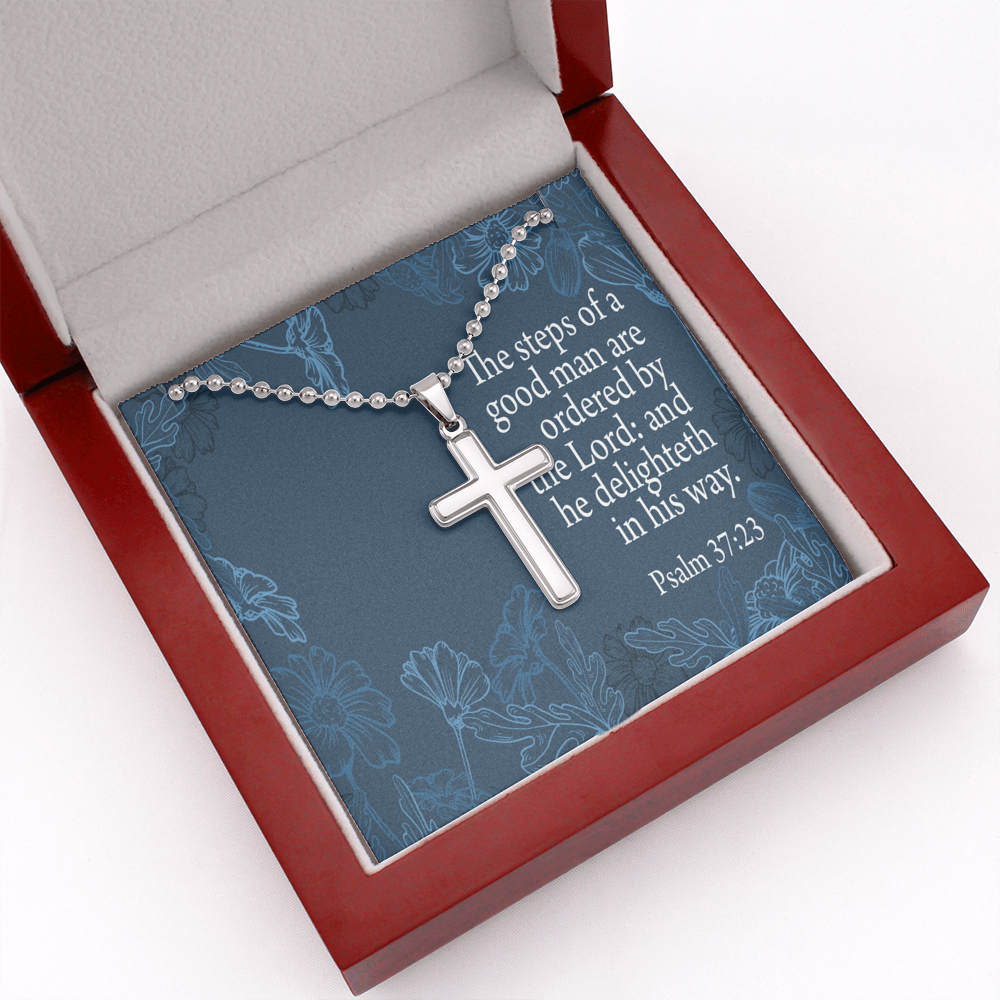 Steps Of A Good Man Psalm 37:23 Cross Necklace Message Card W Ball Chain Pendant-Express Your Love Gifts