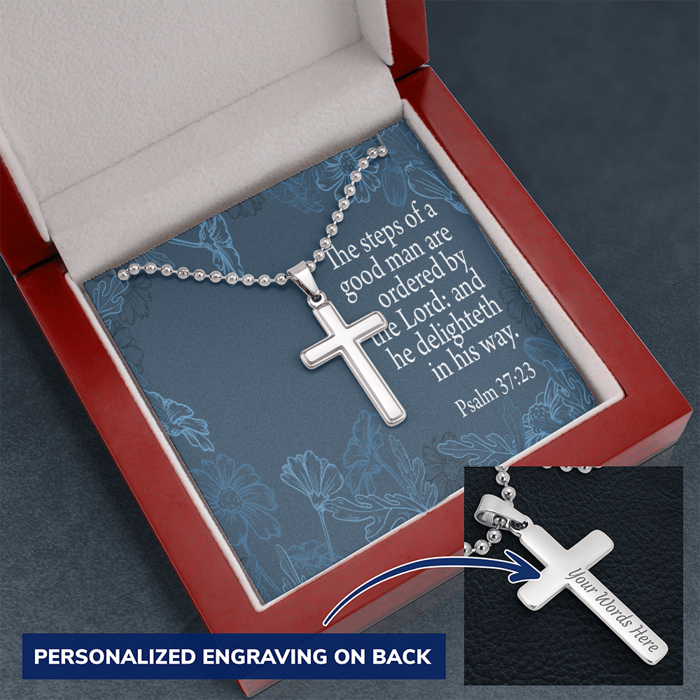 Steps Of A Good Man Psalm 37:23 Cross Necklace Message Card W Ball Chain Pendant-Express Your Love Gifts
