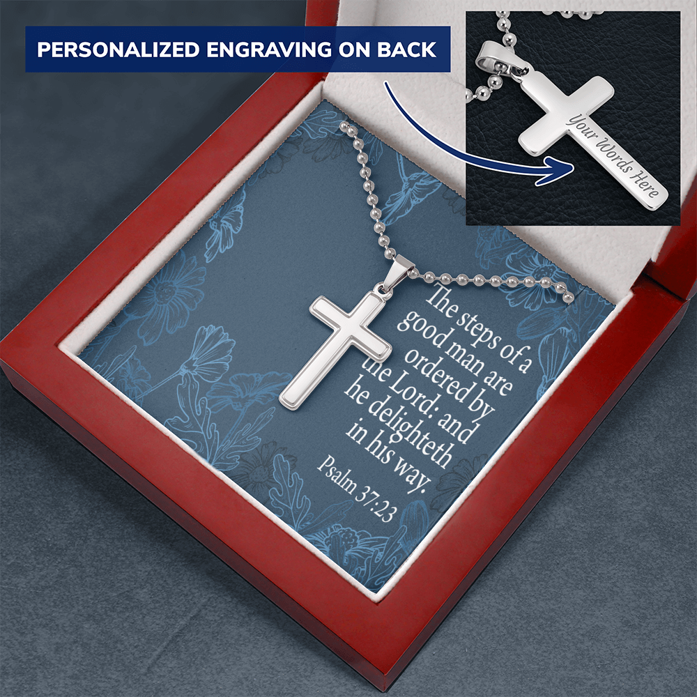 Steps Of A Good Man Psalm 37:23 Cross Necklace Message Card W Ball Chain Pendant-Express Your Love Gifts