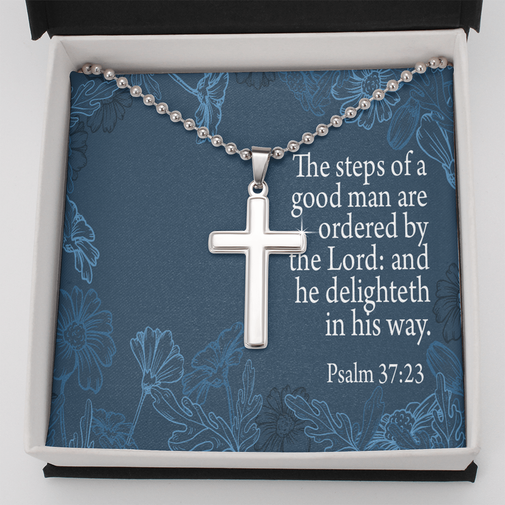 Steps Of A Good Man Psalm 37:23 Cross Necklace Message Card W Ball Chain Pendant-Express Your Love Gifts