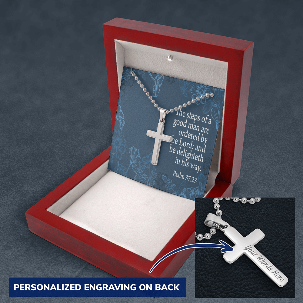 Steps Of A Good Man Psalm 37:23 Cross Necklace Message Card W Ball Chain Pendant-Express Your Love Gifts