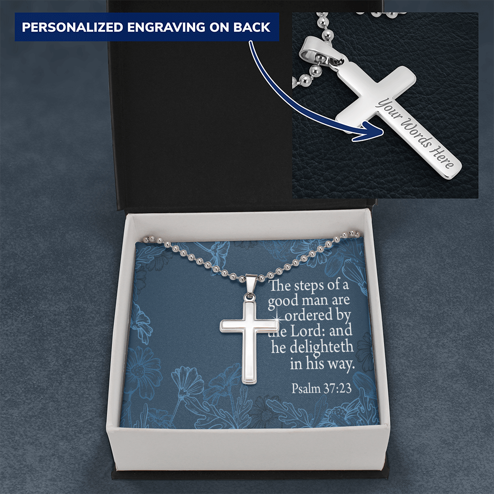 Steps Of A Good Man Psalm 37:23 Cross Necklace Message Card W Ball Chain Pendant-Express Your Love Gifts
