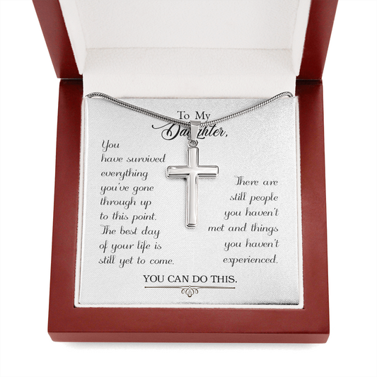 To My Daughter You Have Survived Cross Card Necklace w Stainless Steel Pendant-Express Your Love Gifts
