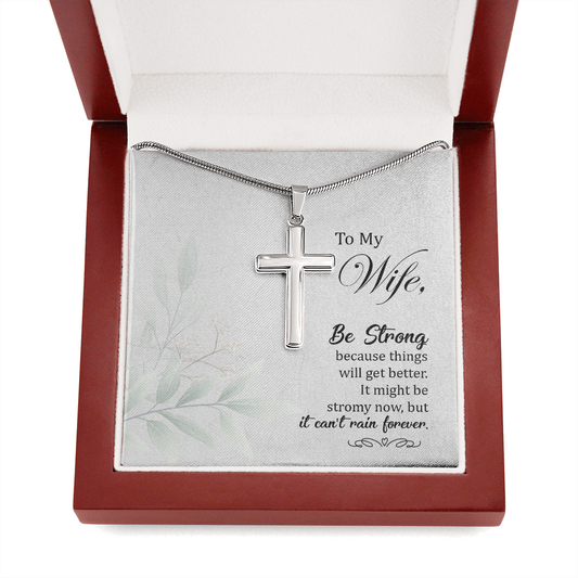 To My Wife Be Strong Cross Card Necklace w Stainless Steel Pendant-Express Your Love Gifts