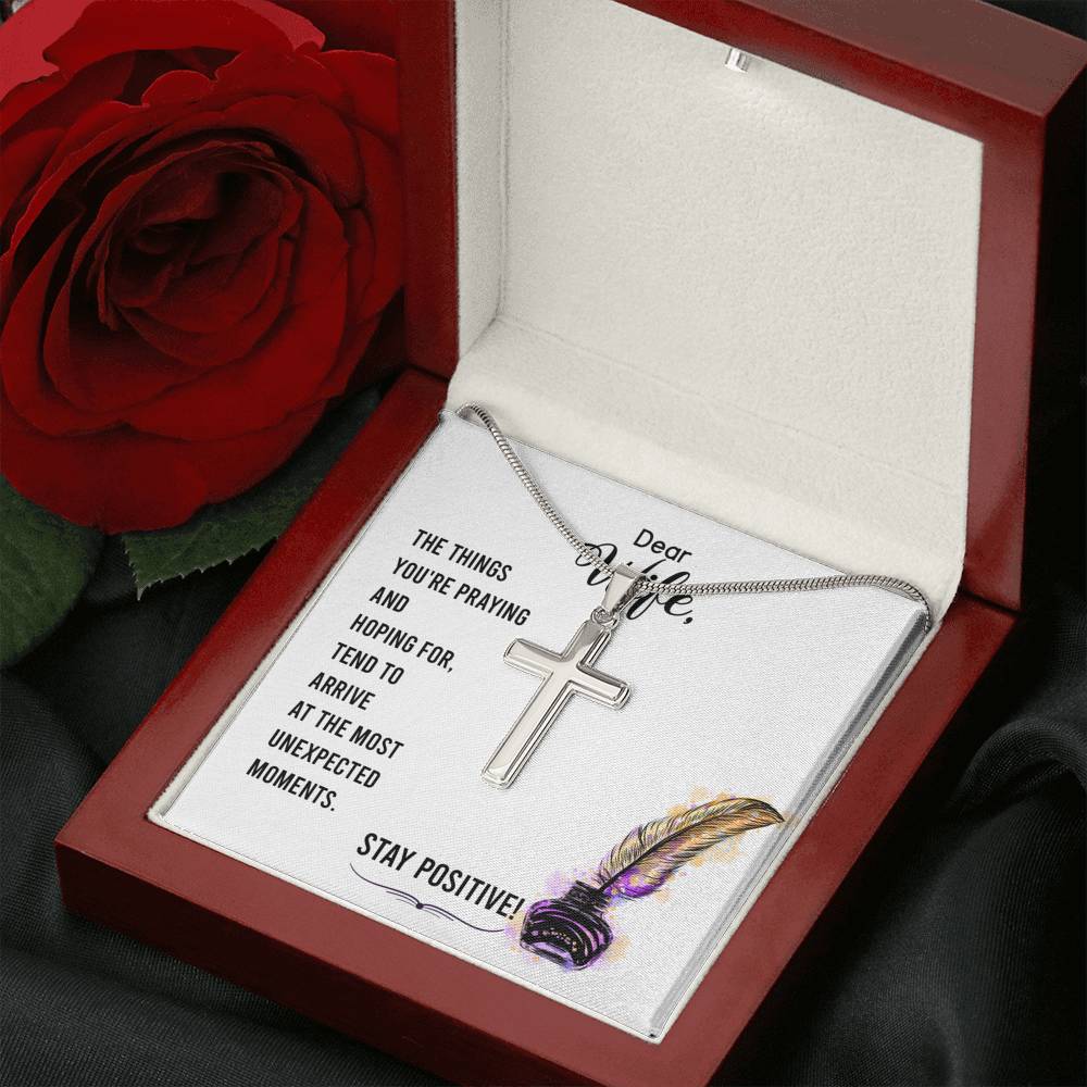 To My Wife Stay Positive Cross Card Necklace w Stainless Steel Pendant-Express Your Love Gifts