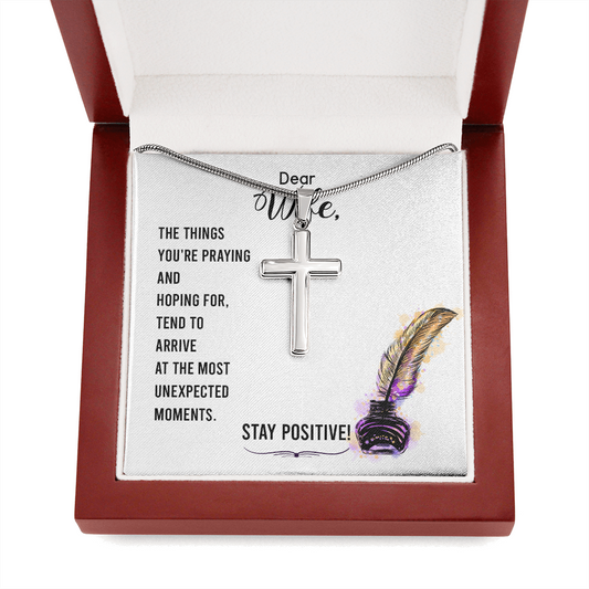 To My Wife Stay Positive Cross Card Necklace w Stainless Steel Pendant-Express Your Love Gifts
