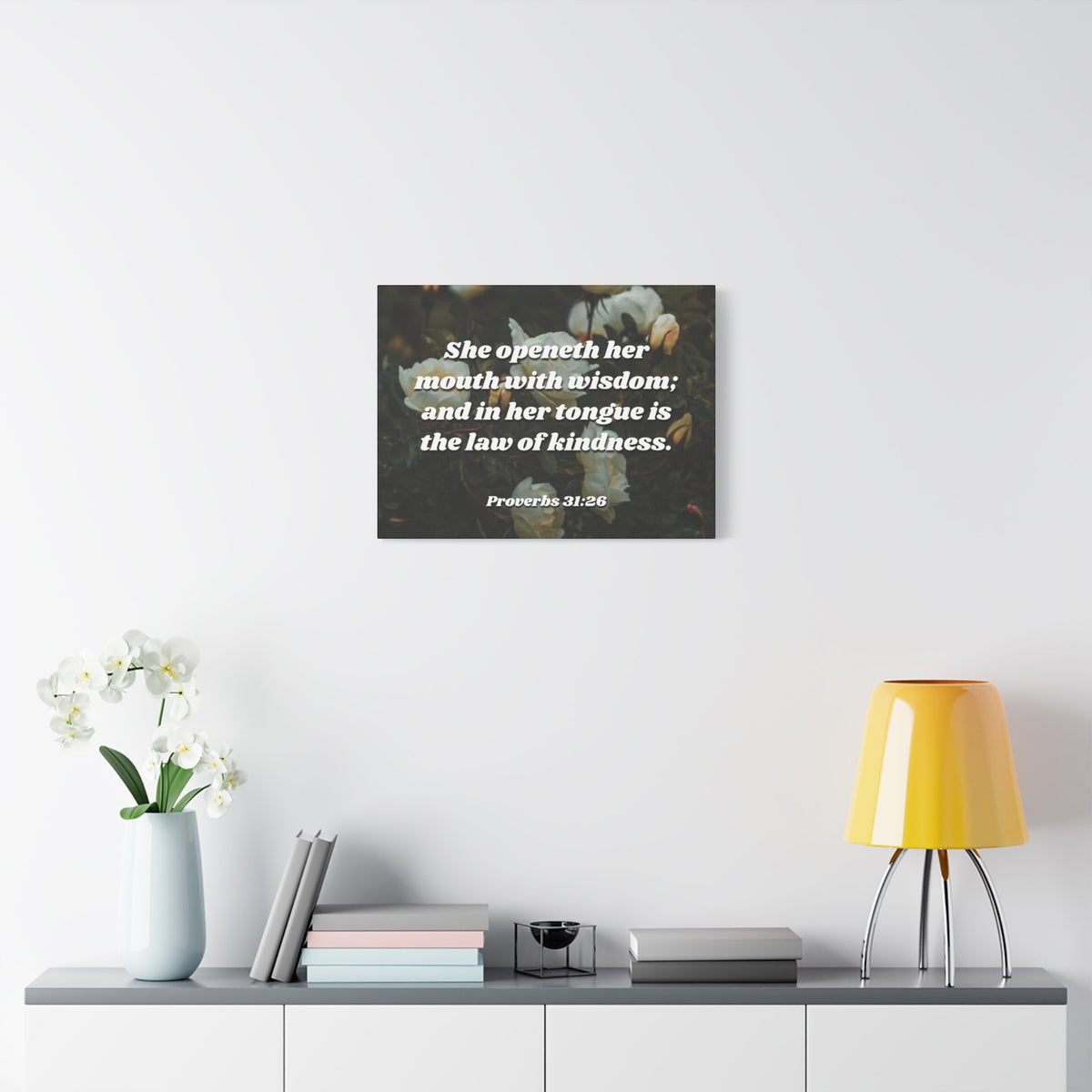 Scripture Canvas The Law Of Kindness Proverbs 31:26 Christian Wall Art Bible Verse Print Ready to Hang