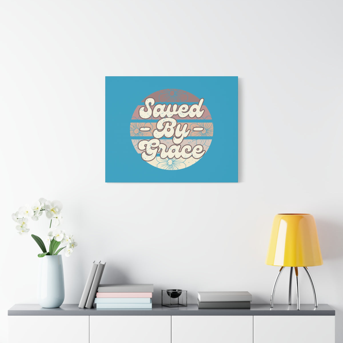 Scripture Canvas Saved By Grace Ephesians 2:8 Circle Blue Christian Wall Art Bible Verse Print Ready to Hang