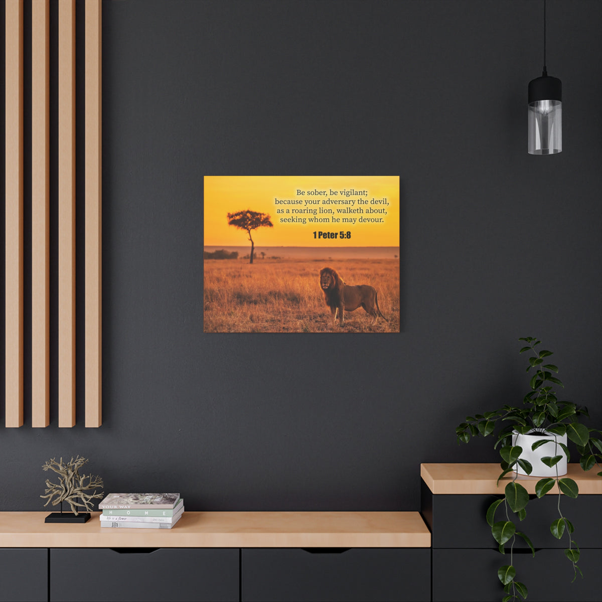 Scripture Canvas Roaring Lion 1 Peter 5:8 Christian Wall Art Bible Verse Print Ready to Hang