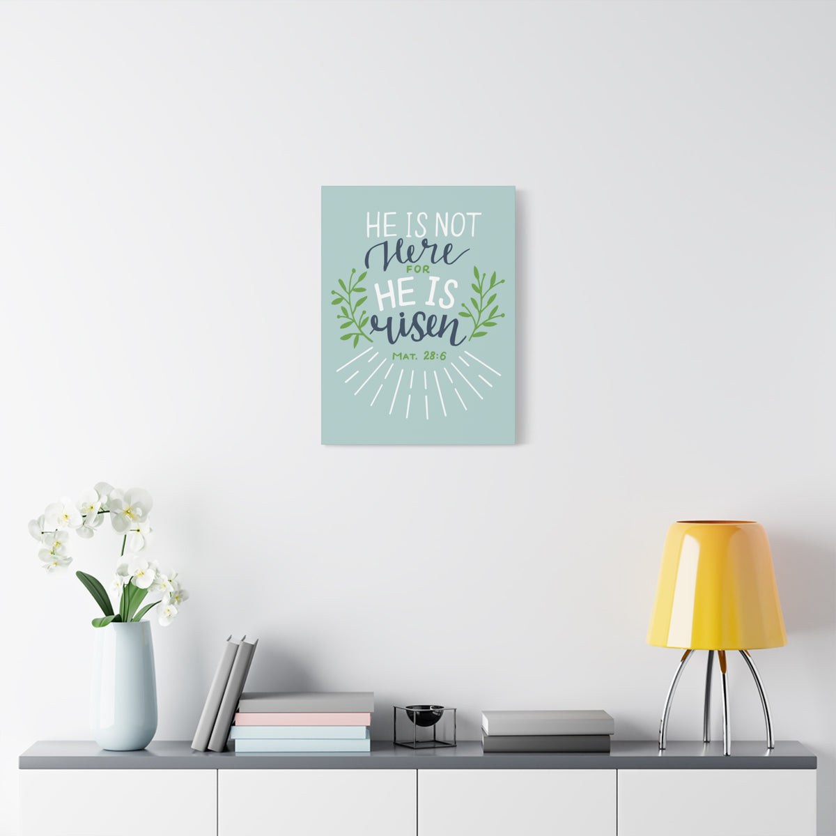 Scripture Canvas He Is Risen Green Leaves Mat 28:6 Christian Wall Art Bible Verse Print Ready to Hang