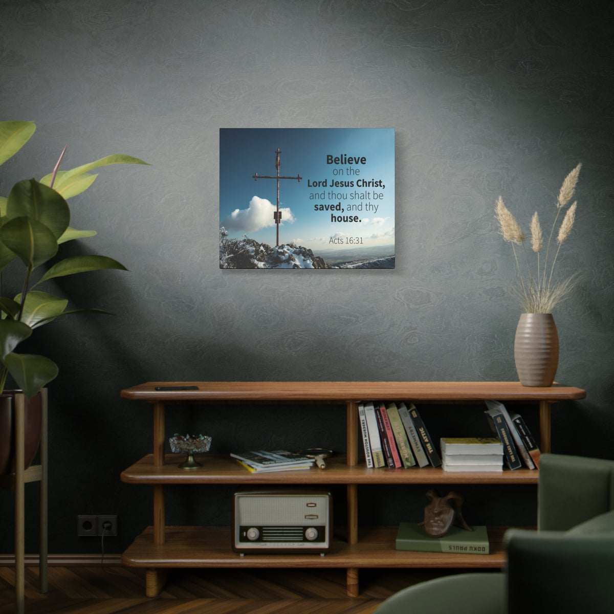 Scripture Canvas Believe Acts 16:31 Christian Wall Art Bible Verse Print Ready to Hang