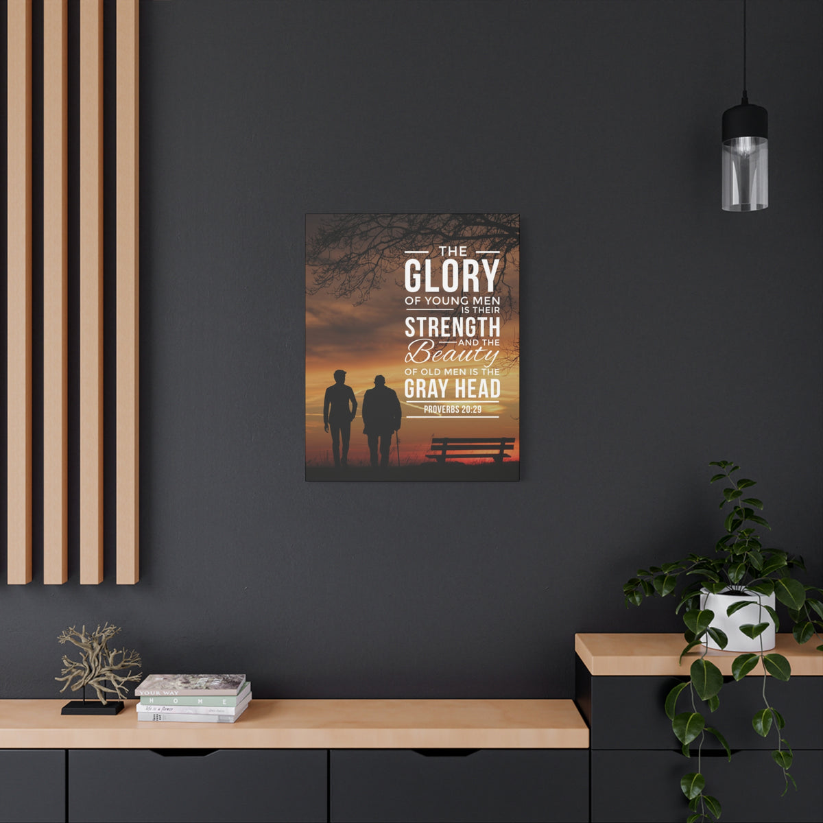 Scripture Canvas The Glory of Young Men Proverbs 20:29 Christian Wall Art Bible Verse Print Ready to Hang