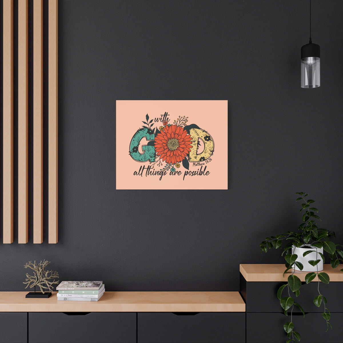 Scripture Canvas With God Mark 10:27 Three Flowers Peach Christian Wall Art Bible Verse Print Ready to Hang