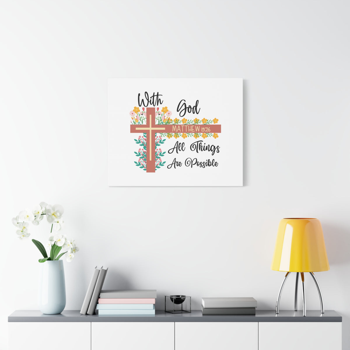 Scripture Canvas With God Matthew 19:26 Flower Cross Christian Wall Art Bible Verse Print Ready to Hang