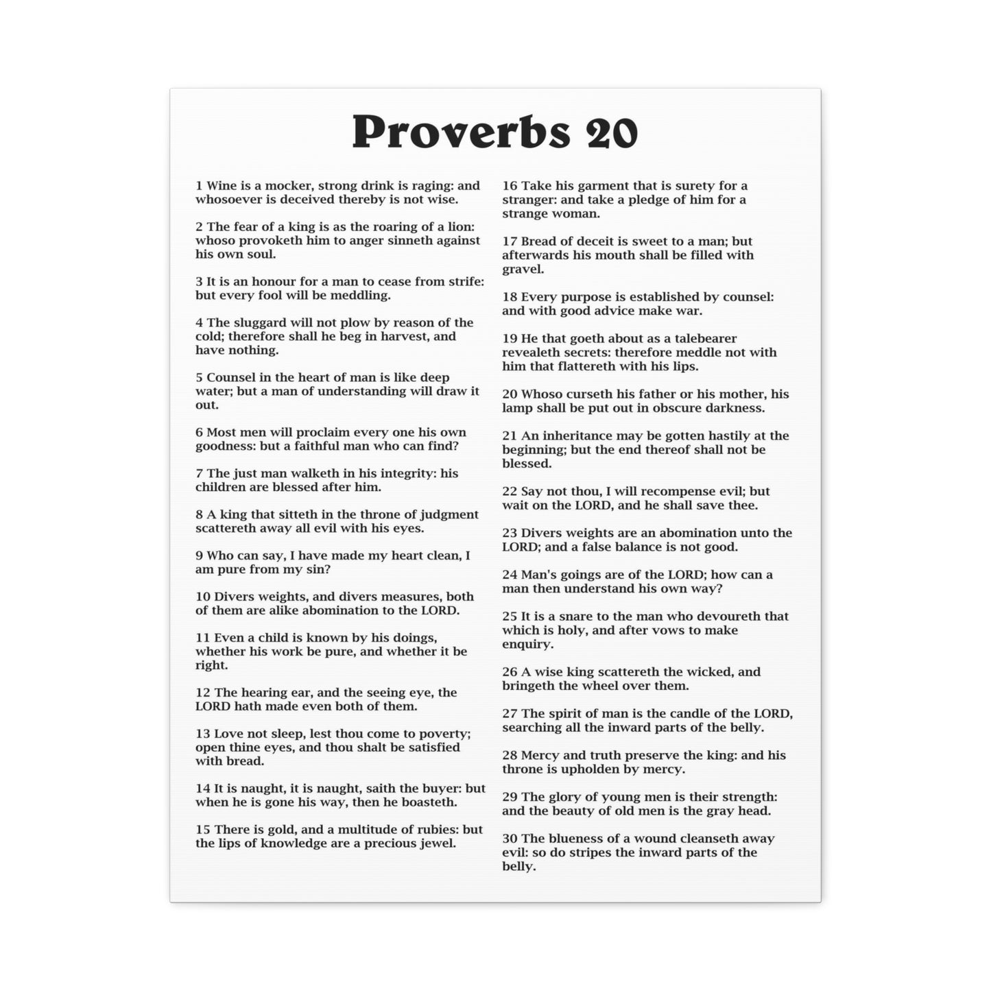 Proverbs Chapter 20 White Bible Canvas Christian Wall Art Ready to Hang Unframed