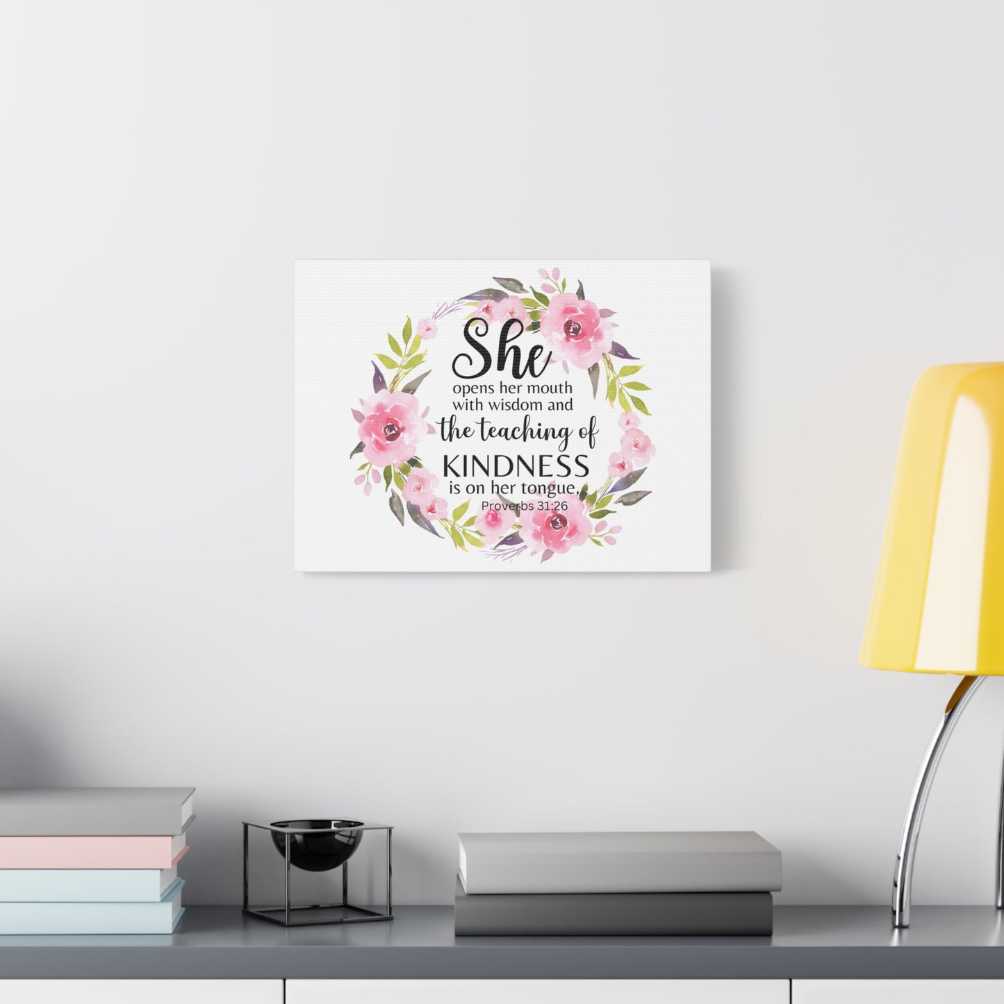 Scripture Walls Proverbs 31:26 She Teaches Kindness Bible Verse Canvas Christian Wall Art Ready to Hang Unframed