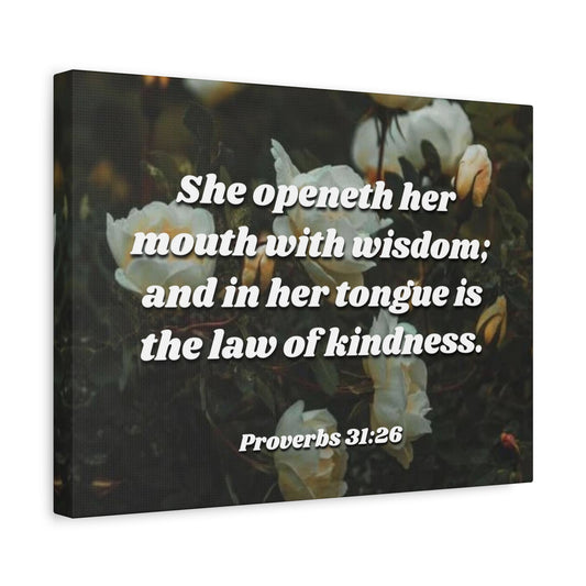 Scripture Canvas The Law Of Kindness Proverbs 31:26 Christian Wall Art Bible Verse Print Ready to Hang