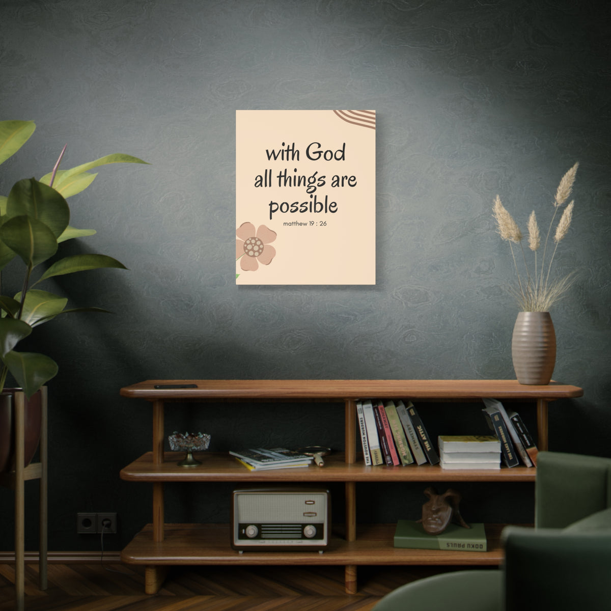 Scripture Canvas All Things Are Possible Matthew 19:26 Brown Flower Christian Wall Art Bible Verse Print Ready to Hang