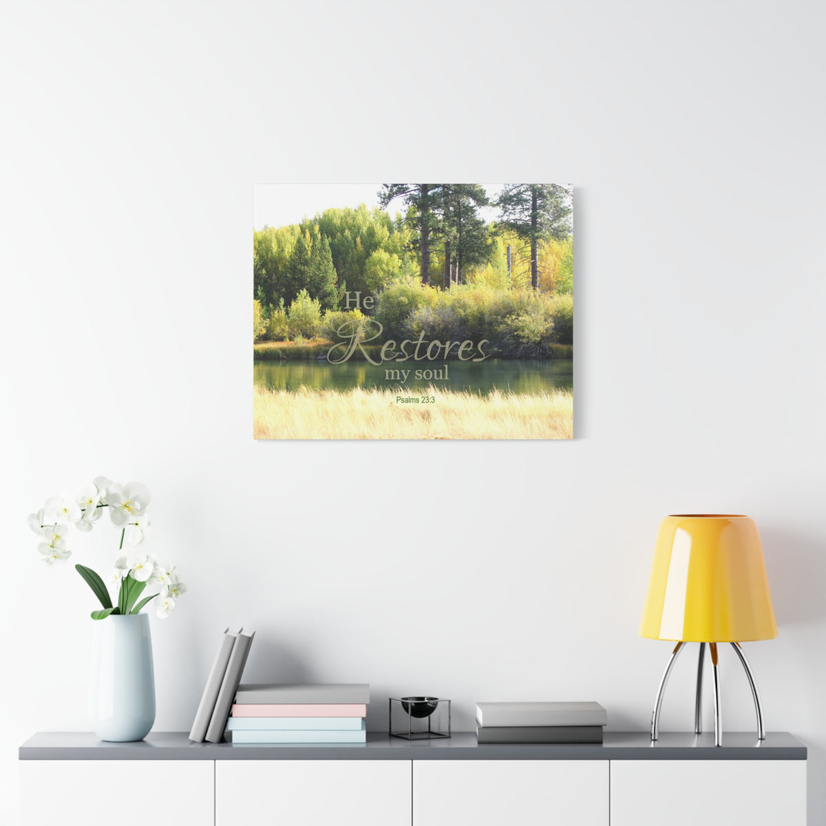 Scripture Canvas He Restores My Soul Psalms 23:3 Christian Wall Art Bible Verse Print Ready to Hang
