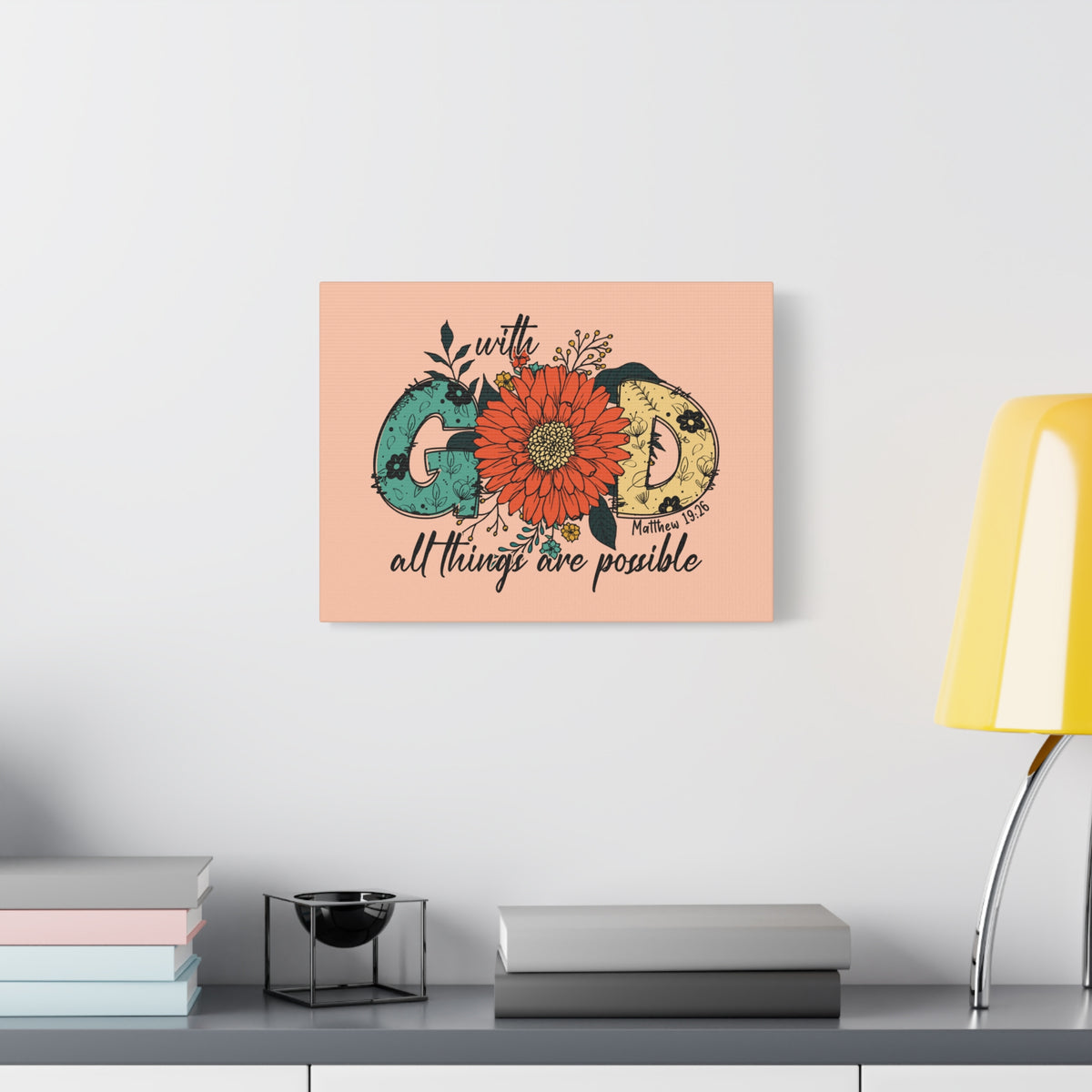 Scripture Canvas With God Mark 10:27 Three Flowers Peach Christian Wall Art Bible Verse Print Ready to Hang