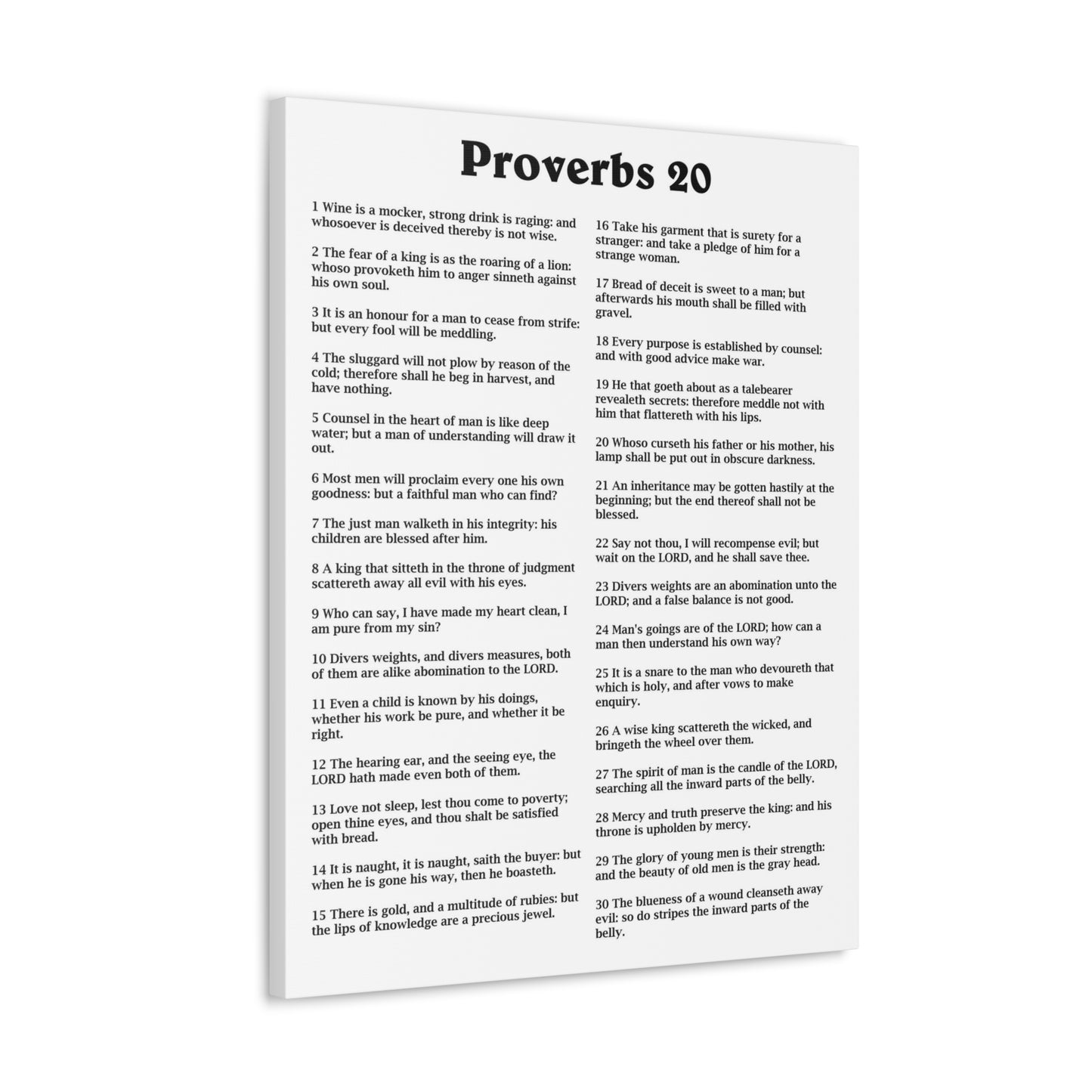 Proverbs Chapter 20 White Bible Canvas Christian Wall Art Ready to Hang Unframed