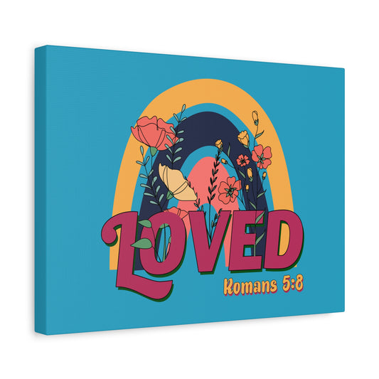 Scripture Canvas Loved Romans 5:8 Red Turquoise Christian Wall Art Bible Verse Print Ready to Hang