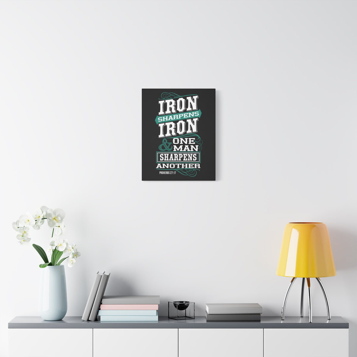 Scripture Canvas Iron Sharpens Iron Proverbs 27:17 Christian Wall Art Bible Verse Print Ready to Hang