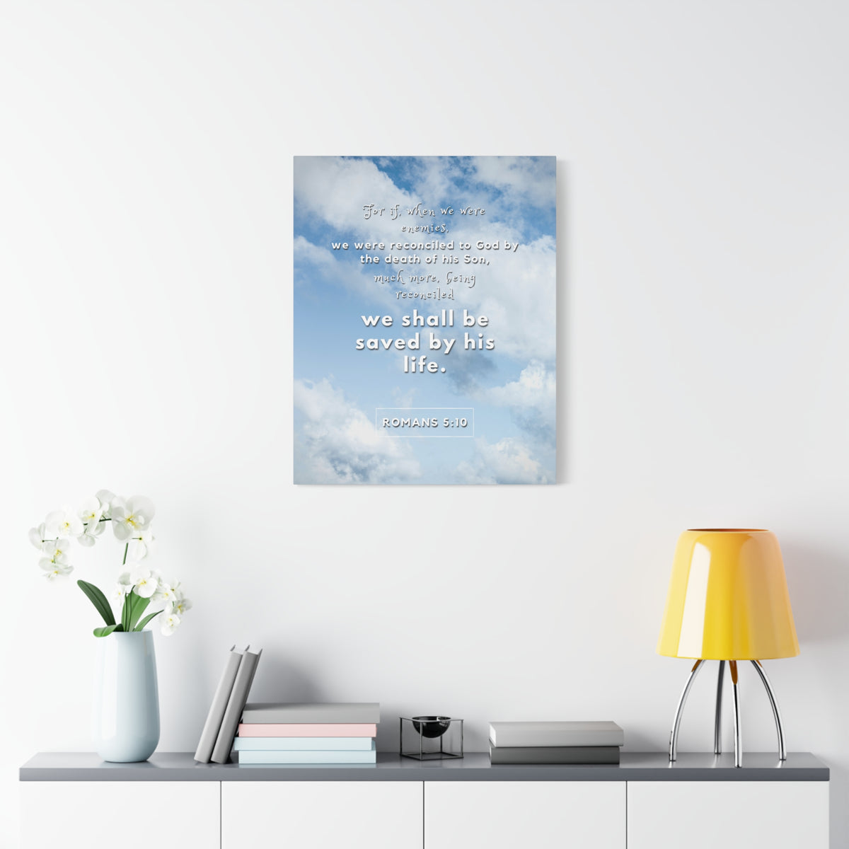 Scripture Canvas Saved By His Life Romans 5:10 Christian Wall Art Bible Verse Print Ready to Hang