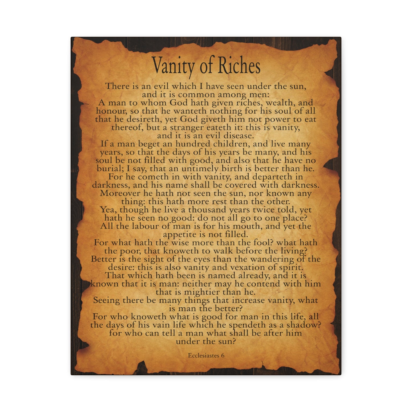 Vanity of Riches Ecclesiastes 6 Gold Brown Bible Verse Canvas Christian Wall Art Ready to Hang