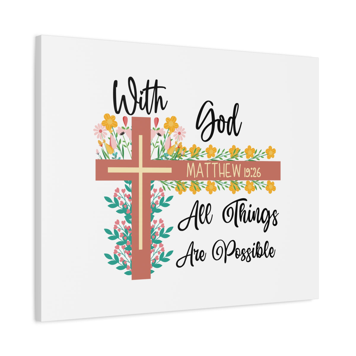 Scripture Canvas With God Matthew 19:26 Flower Cross Christian Wall Art Bible Verse Print Ready to Hang