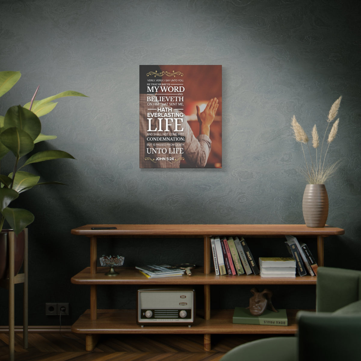 Scripture Canvas Believeth On Him John 5:24 Christian Wall Art Bible Verse Print Ready to Hang