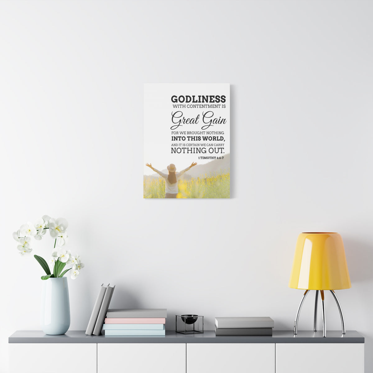 Scripture Canvas Godliness with Contentment 1 Timothy 6:6-7 Christian Wall Art Bible Verse Print Ready to Hang