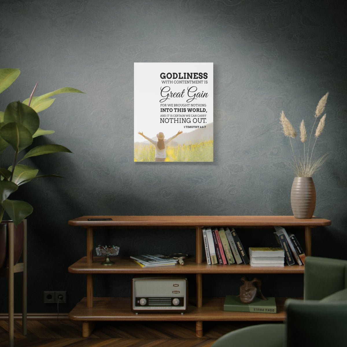 Scripture Canvas Godliness with Contentment 1 Timothy 6:6-7 Christian Wall Art Bible Verse Print Ready to Hang