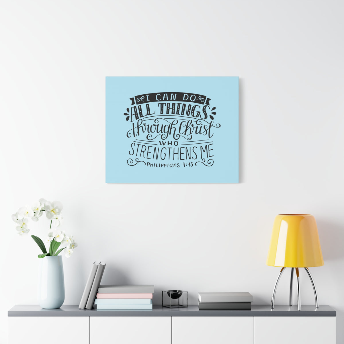 Scripture Canvas Through Christ Philippians 4:13 Sky Blue Christian Wall Art Bible Verse Print Ready to Hang
