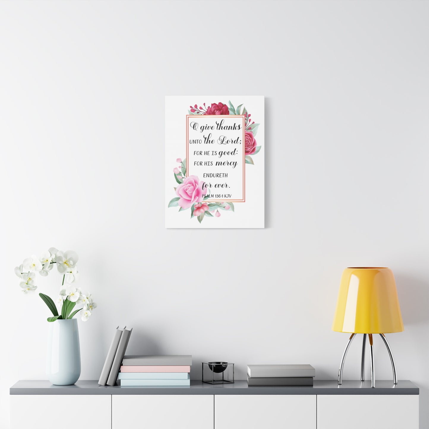 Scripture Canvas Give Thanks Psalm 136:1 Christian Wall Art Bible Verse Print Ready to Hang