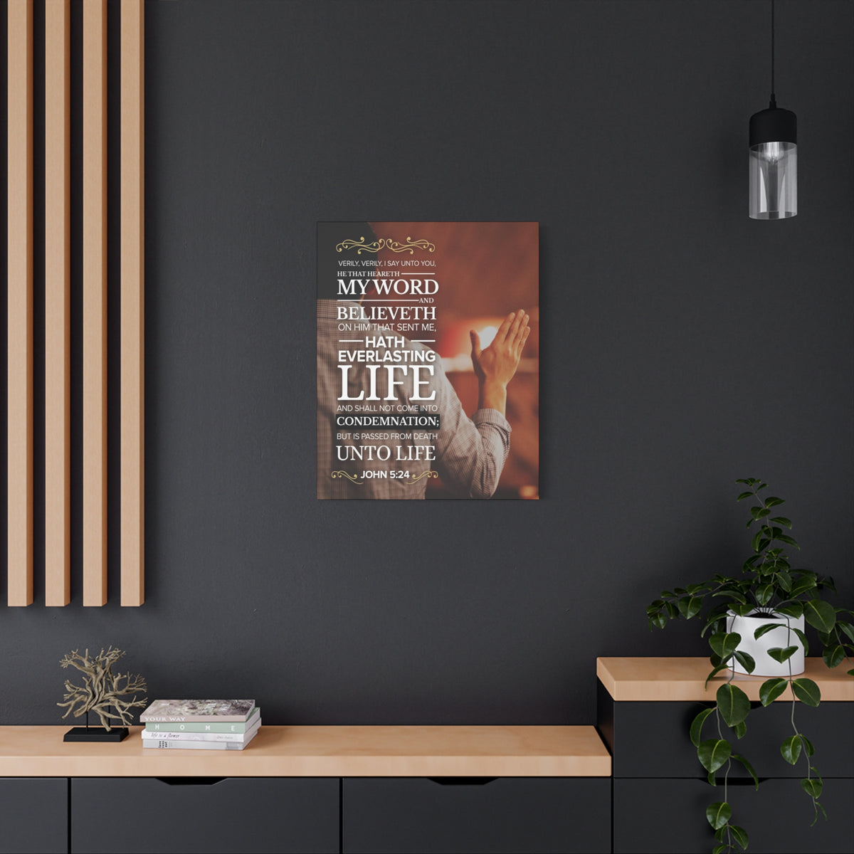 Scripture Canvas Believeth On Him John 5:24 Christian Wall Art Bible Verse Print Ready to Hang