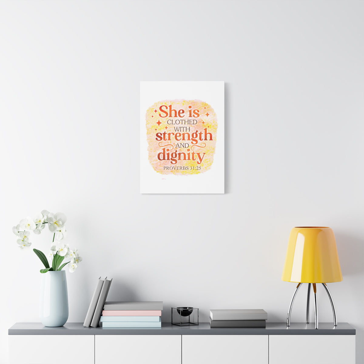 Scripture Walls Strength and Dignity Proverbs 31:25 Bible Verse Canvas Christian Wall Art Ready to Hang Unframed
