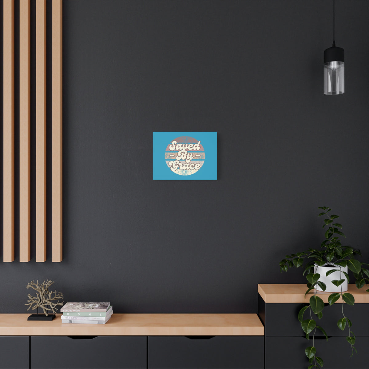 Scripture Canvas Saved By Grace Ephesians 2:8 Circle Blue Christian Wall Art Bible Verse Print Ready to Hang