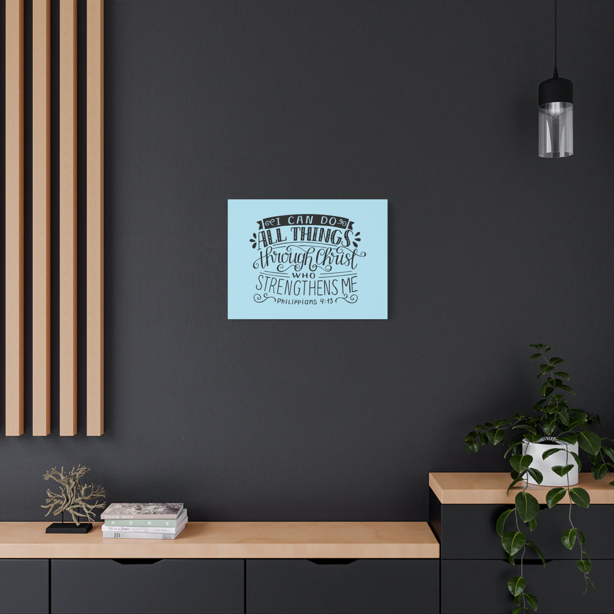 Scripture Canvas Through Christ Philippians 4:13 Sky Blue Christian Wall Art Bible Verse Print Ready to Hang