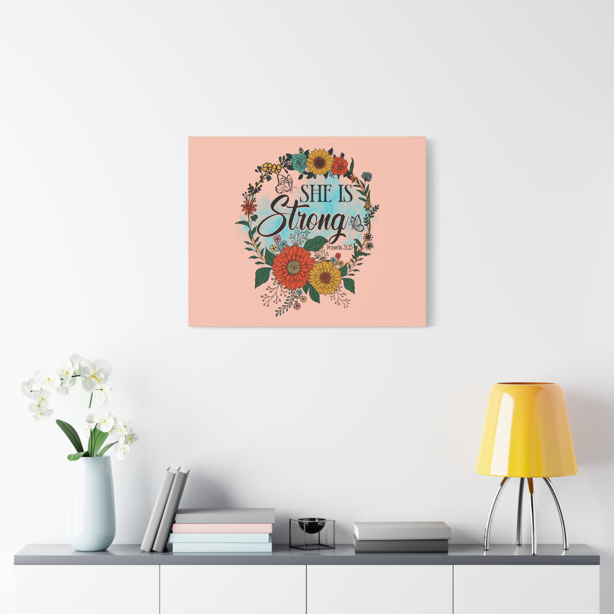 Scripture Canvas She Is Strong Peach Proverbs 31:25 Christian Wall Art Bible Verse Print Ready to Hang