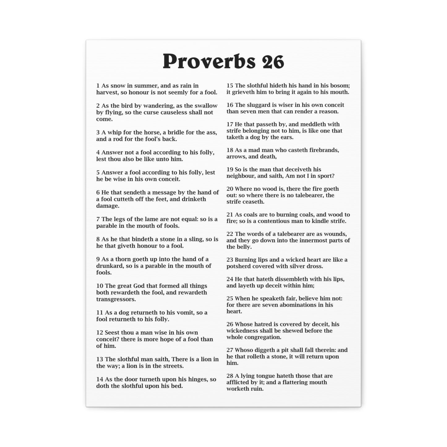 Proverbs Chapter 26 White Bible Canvas Christian Wall Art Ready to Hang Unframed