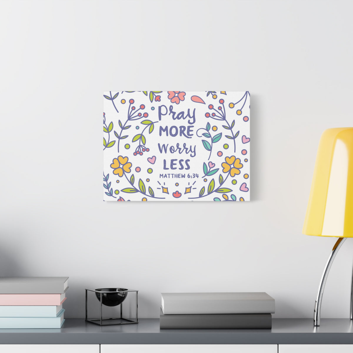 Scripture Canvas Pray More, Worry Less Matthew 6:34 Christian Wall Art Bible Verse Print Ready to Hang
