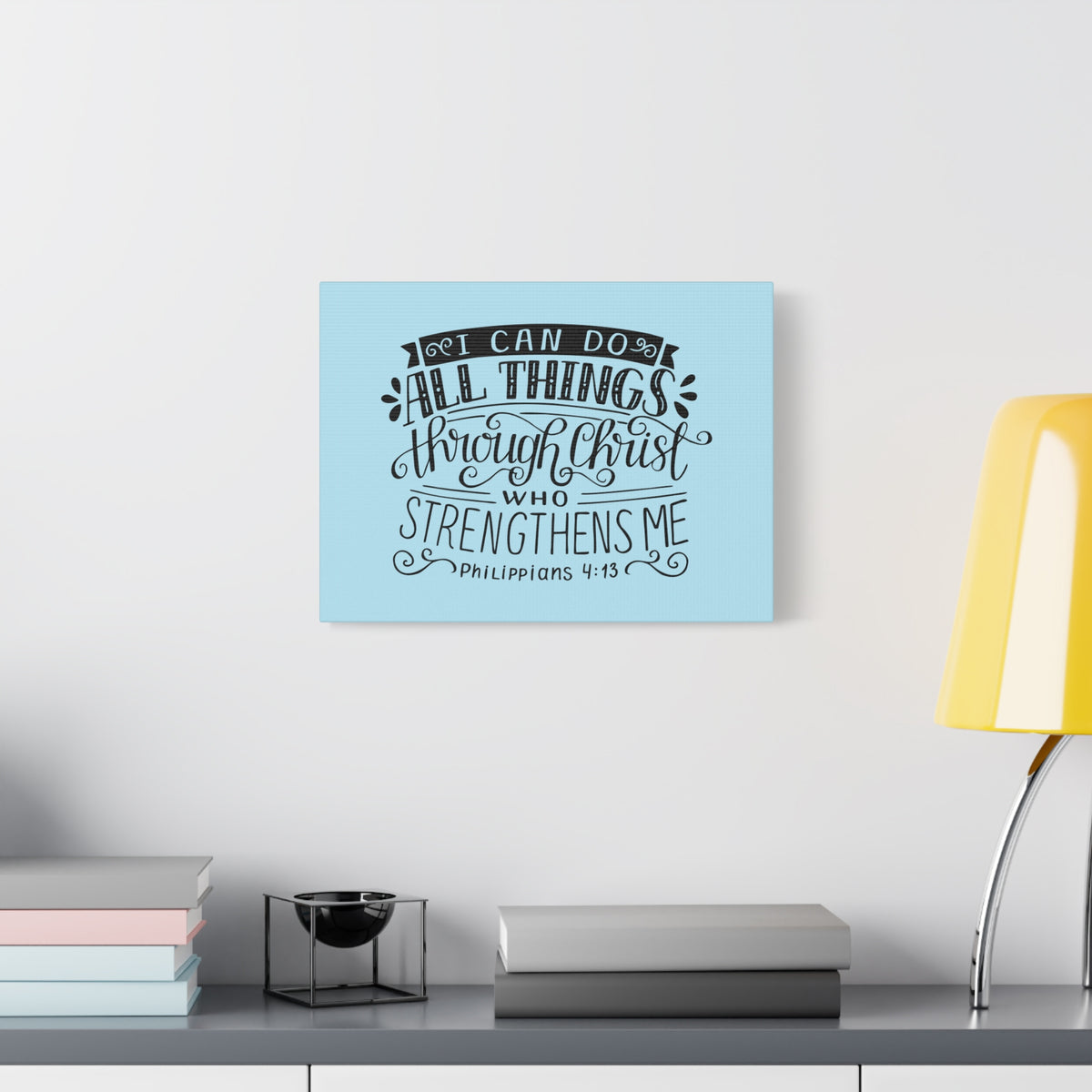 Scripture Canvas Through Christ Philippians 4:13 Sky Blue Christian Wall Art Bible Verse Print Ready to Hang