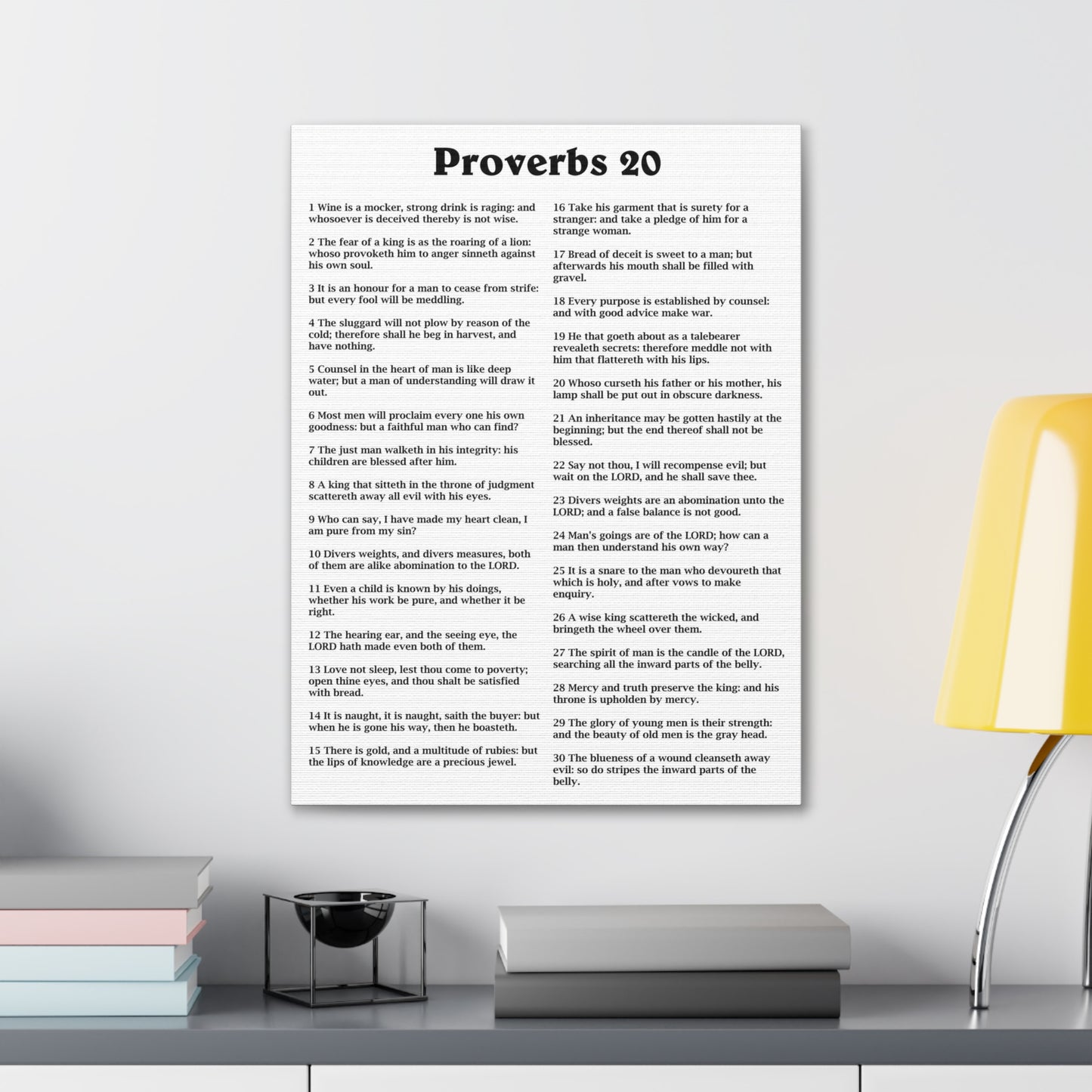 Proverbs Chapter 20 White Bible Canvas Christian Wall Art Ready to Hang Unframed