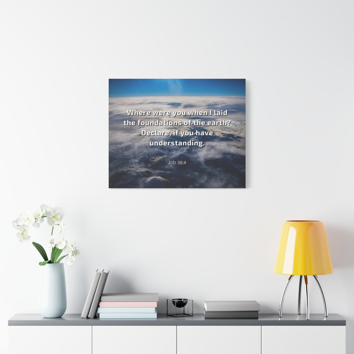 Scripture Canvas Foundations Of Earth Job 38:4 Christian Wall Art Bible Verse Print Ready to Hang